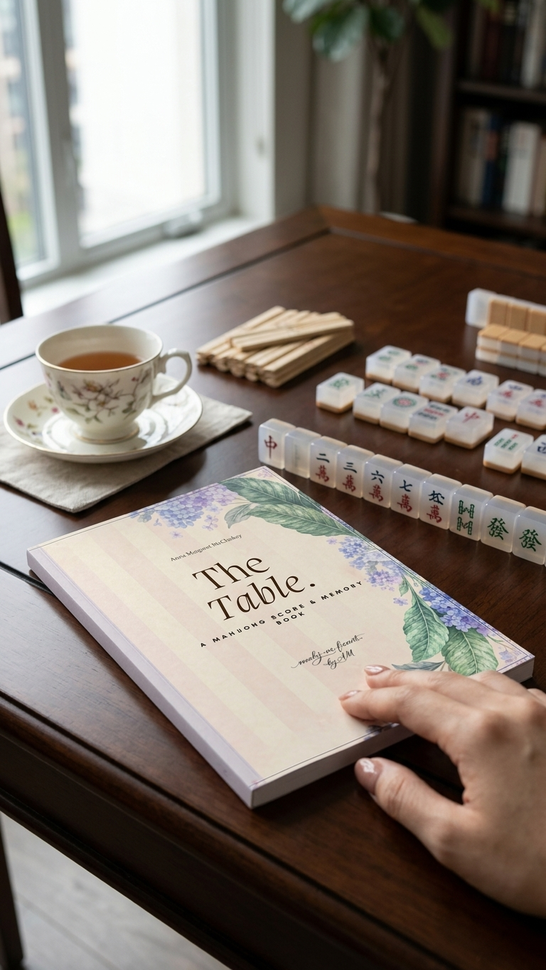The Table scorebook styled on a wooden table with Mahjong tiles and tea