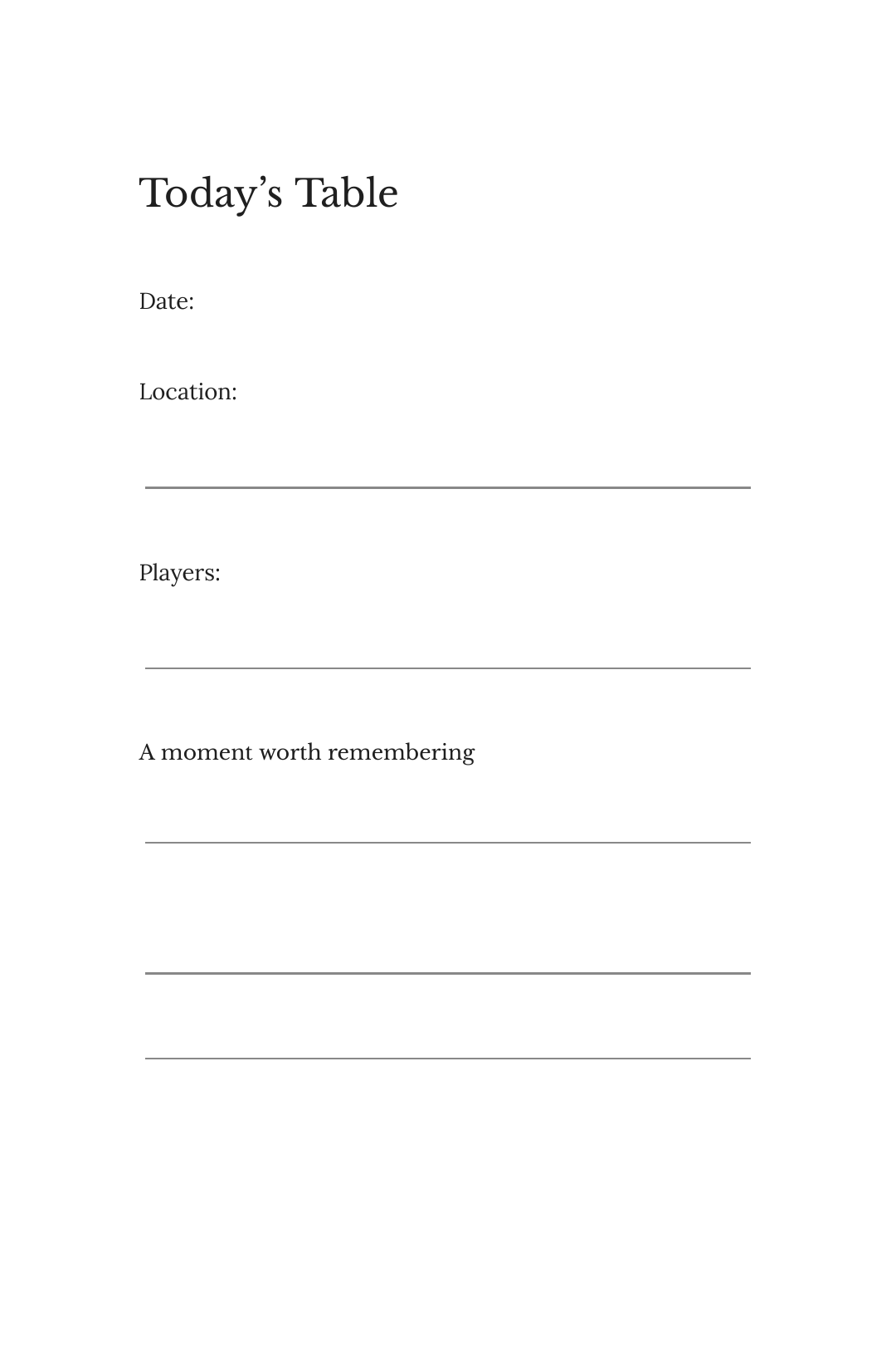 The Table session memory page with spaces for players, date and game-night notes