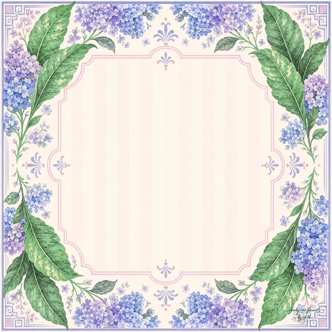 Hydrangea Tobacco Blue Mahjong mat with hydrangea and tobacco leaf border