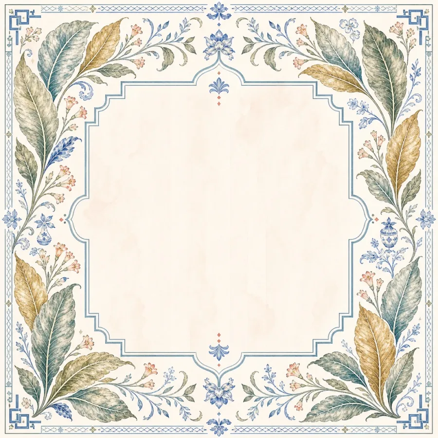 Porcelain Tobacco Garden Mahjong mat with blue porcelain and tobacco leaf border