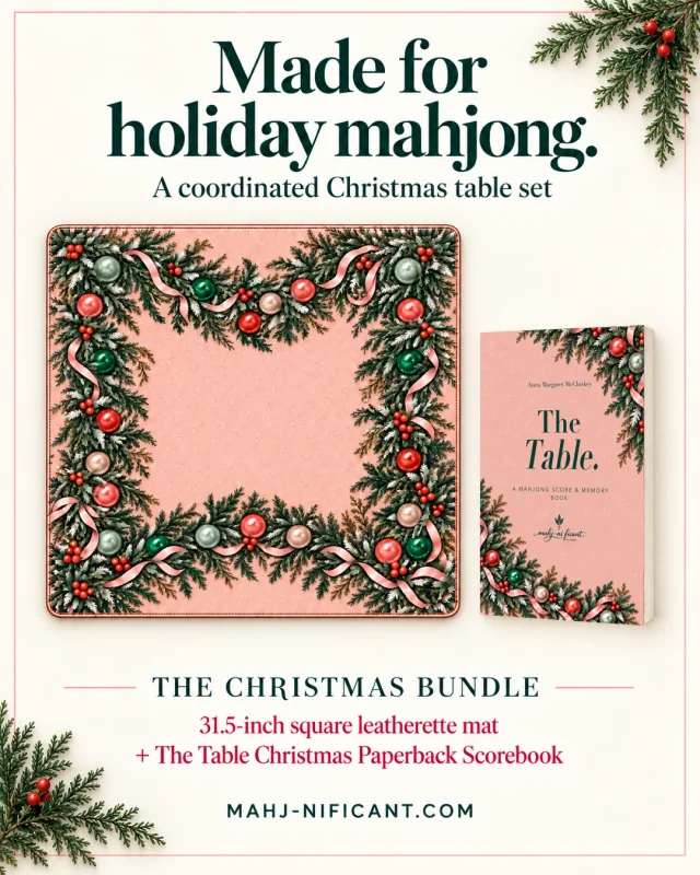 Christmas Mahjong mat and The Table Christmas paperback scorebook presented as a coordinated holiday bundle