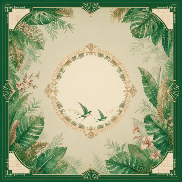 Garden Green Conservatory Mahjong mat with deep green botanical art deco border