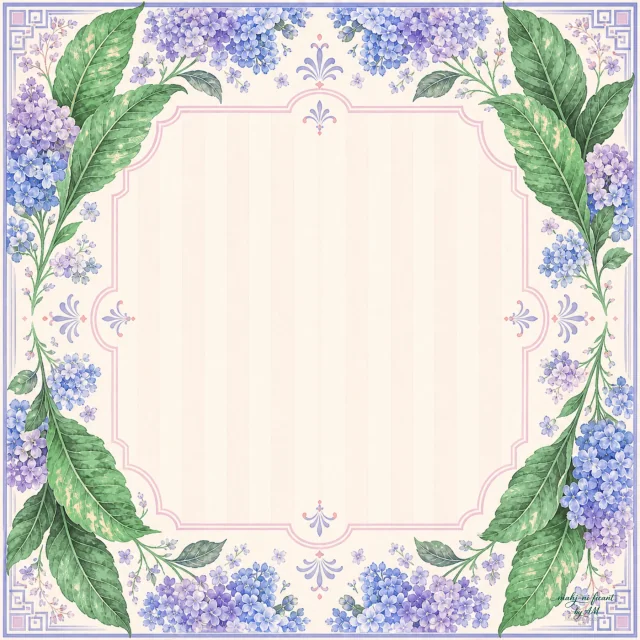 Hydrangea Tobacco Blue Mahjong mat with hydrangea and tobacco leaf border
