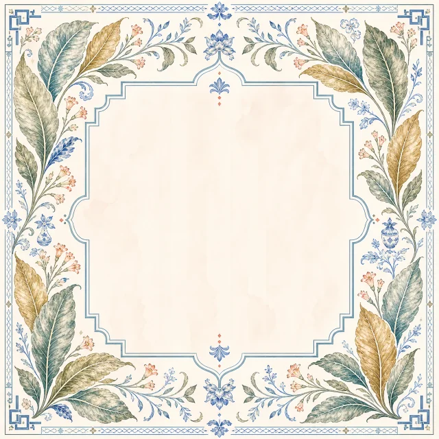 Porcelain Tobacco Garden Mahjong mat with blue porcelain and tobacco leaf border