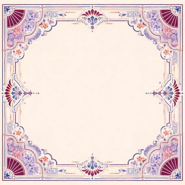 Purple Coral Chinoiserie Mahjong mat with lavender, coral, blue and maroon border art around an open ivory center