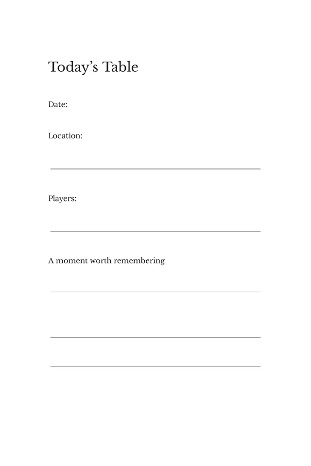 The Table session memory page with spaces for players, date and game-night notes