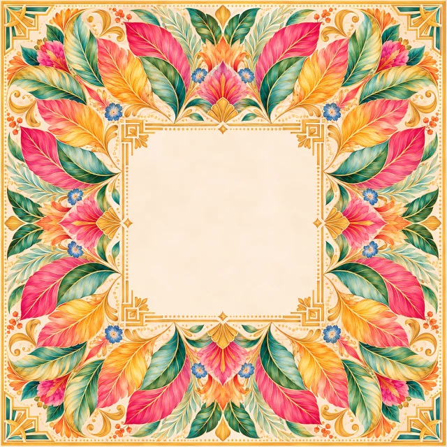 Universal Tropics premium Mahjong mat with tropical leaves, gold linework and an open cream center