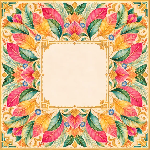 Universal Tropics mat artwork with colorful botanical border and open cream playing area