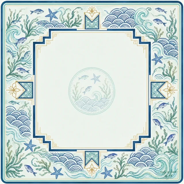 Water Garden Mahjong mat with blue scalloped waves, fish, starfish and seaweed border