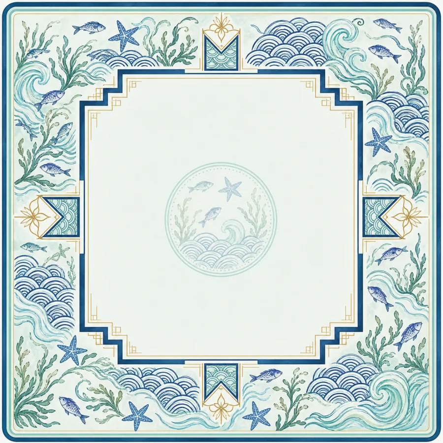 Water Garden Mahjong mat with blue scalloped waves, fish, starfish and seaweed border