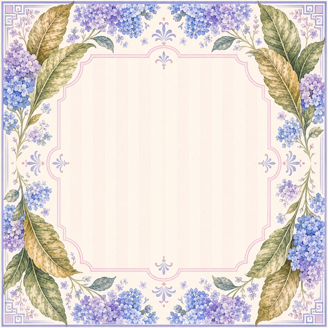 Hydrangea Tobacco Blue Mahjong mat with hydrangea and tobacco leaf border