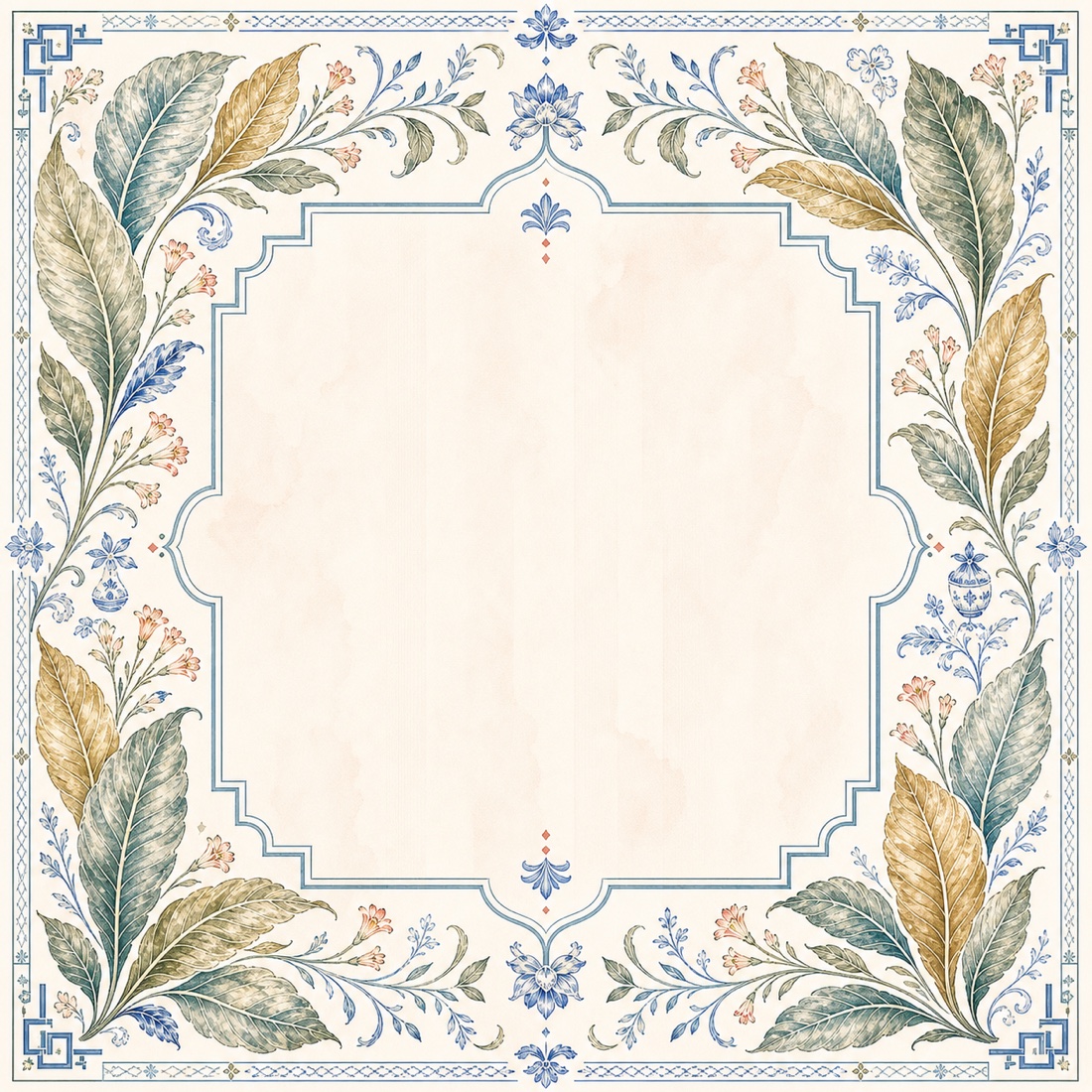 Porcelain Tobacco Garden premium Mahjong mat with blue porcelain and tobacco leaf border